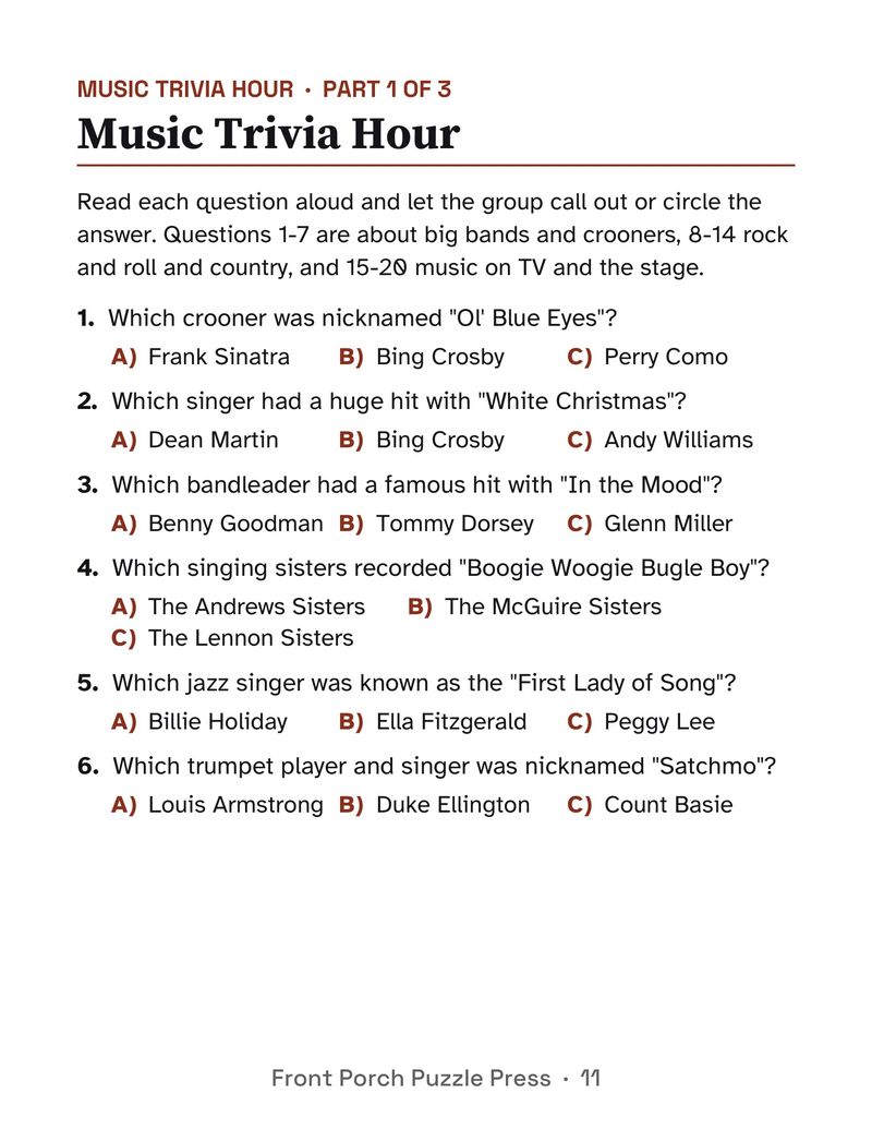 Music Memories Activity Packet for Seniors: Large Print Printable for Assisted Living and Memory Care: P11