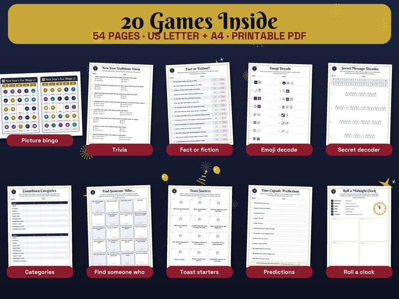 New Year's Eve Party Games Bundle: 20 Printable NYE Games for Kids & Family: What's included