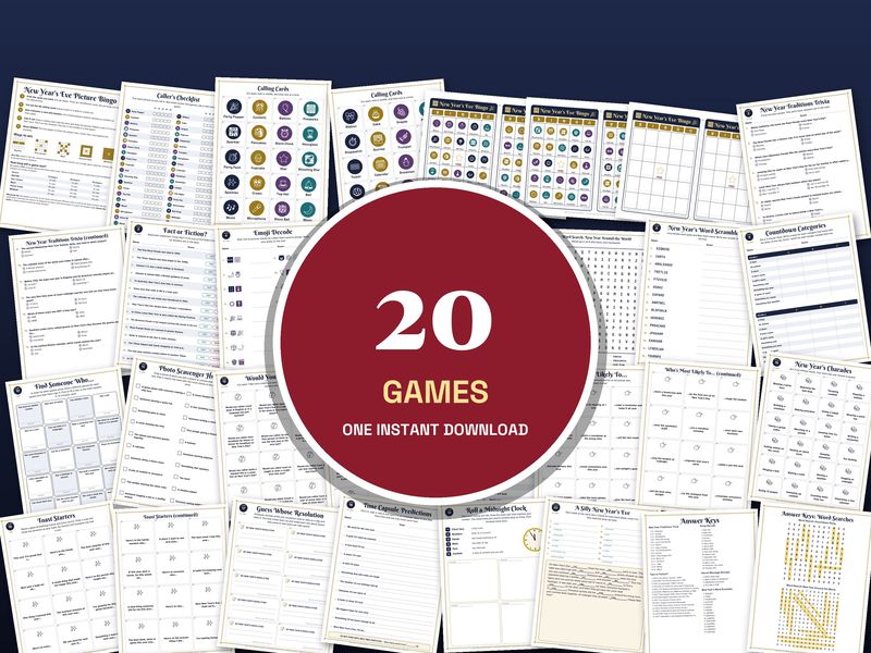 New Year's Eve Party Games Bundle: 20 Printable NYE Games for Kids & Family: 20 games