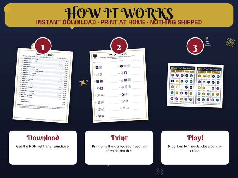 New Year's Eve Party Games Bundle: 20 Printable NYE Games for Kids & Family: How it works