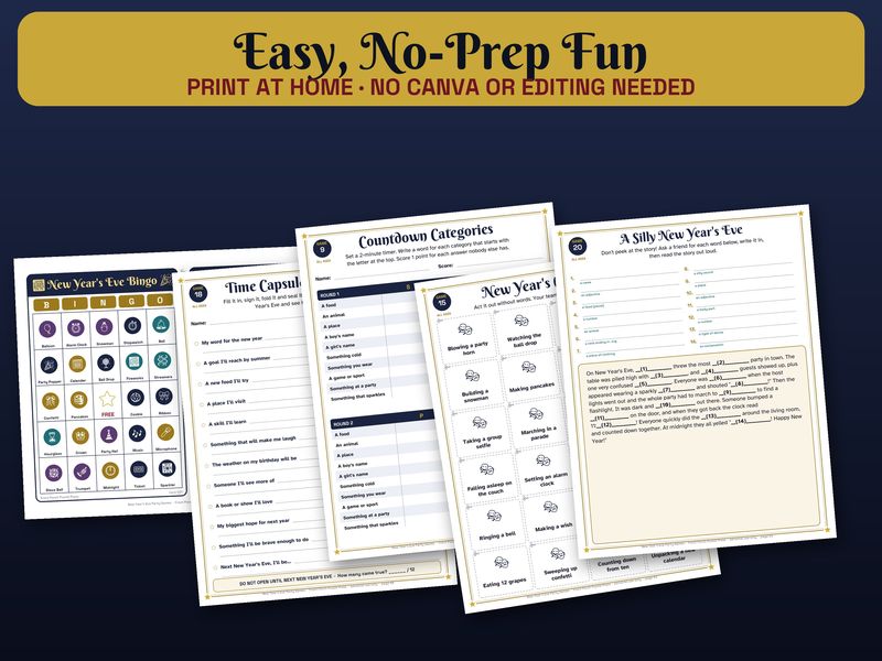 New Year's Eve Party Games Bundle: 20 Printable NYE Games for Kids & Family: On the table