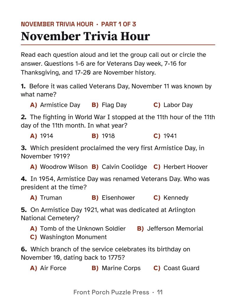 November Activities for Seniors: November 2026 Large Print Activity Packet (Printable): P11