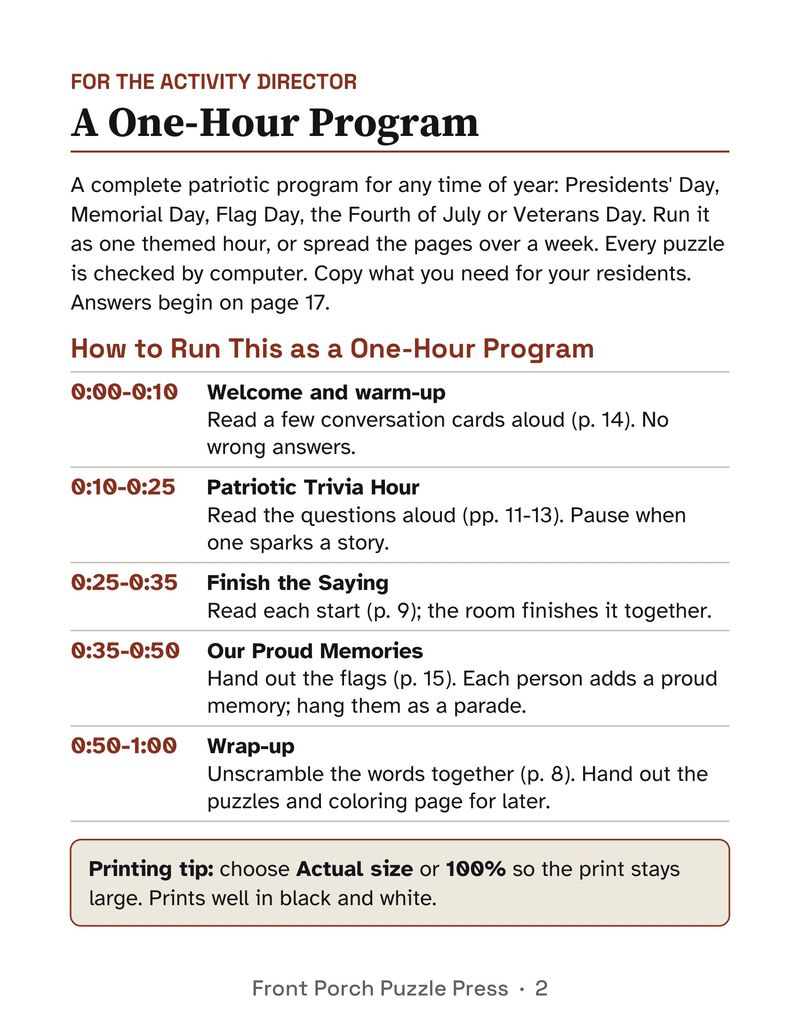 Patriotic Activity Packet for Seniors: Large Print Printable for Assisted Living and Memory Care: P02
