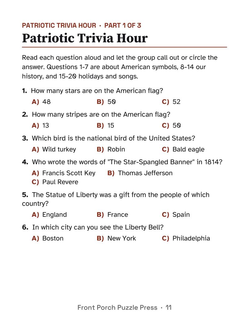 Patriotic Activity Packet for Seniors: Large Print Printable for Assisted Living and Memory Care: P11