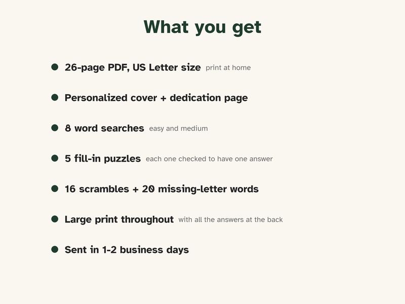 Personalized Family Puzzle Book: Large Print Word Search Gift for Grandma: What you get