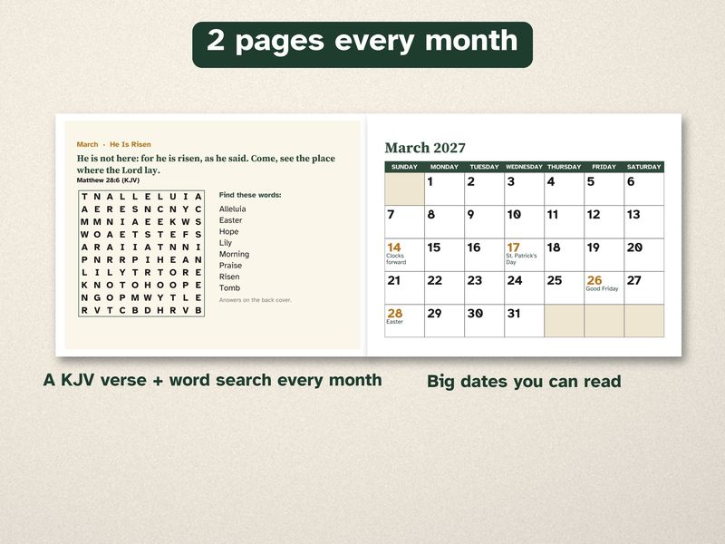 Printable 2027 Bible Verse Calendar, Large Print, with a KJV Word Search: Month