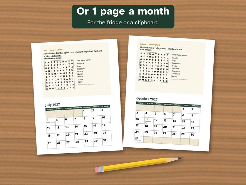 Printable 2027 Bible Verse Calendar, Large Print, with a KJV Word Search: One page