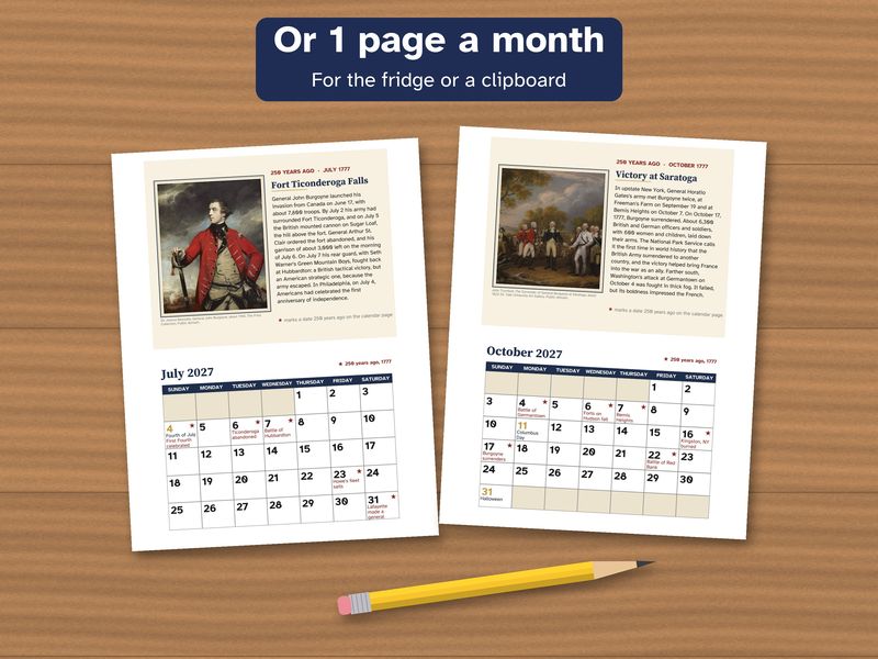 Printable 2027 Calendar: 250 Years Ago, the American Revolution in 1777: One page