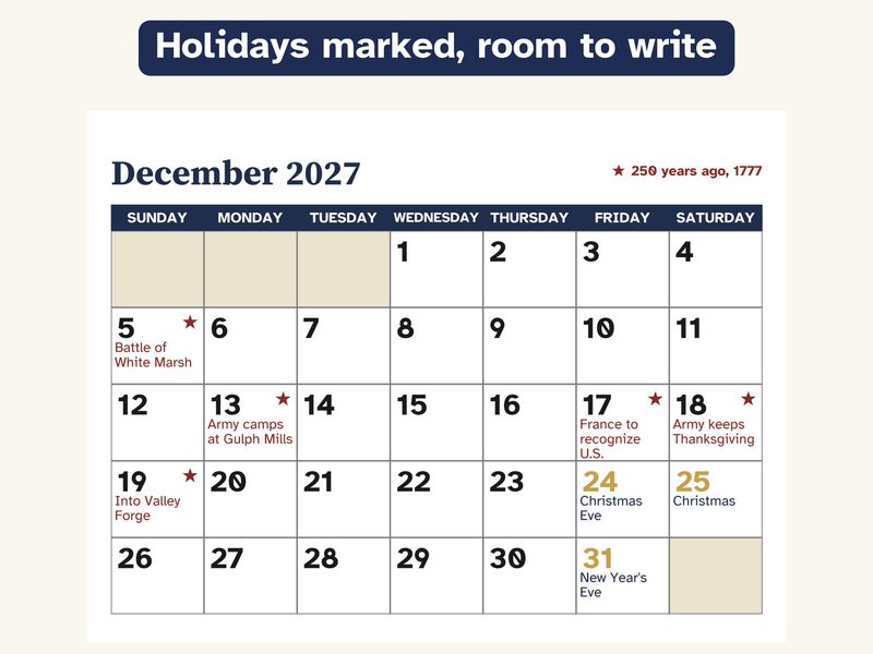 Printable 2027 Calendar: 250 Years Ago, the American Revolution in 1777: Closeup
