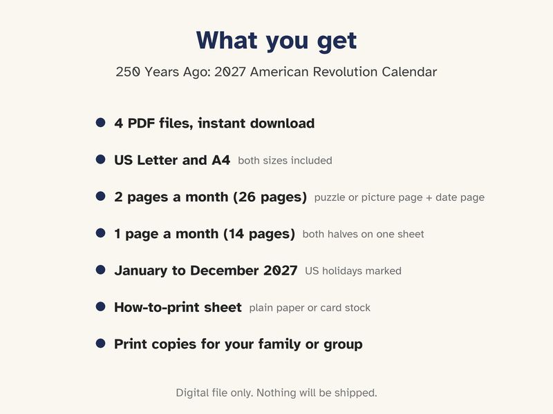 Printable 2027 Calendar: 250 Years Ago, the American Revolution in 1777: What you get