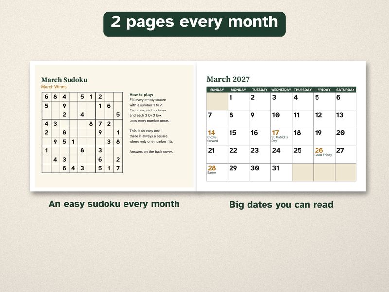 Printable 2027 Calendar, Large Print, with an Easy Sudoku Every Month: Month