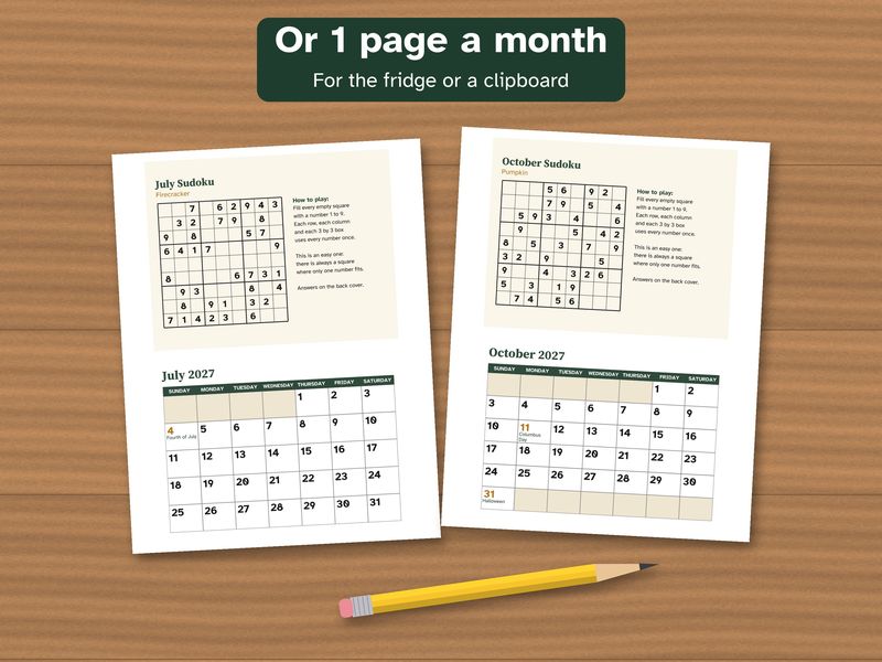 Printable 2027 Calendar, Large Print, with an Easy Sudoku Every Month: One page