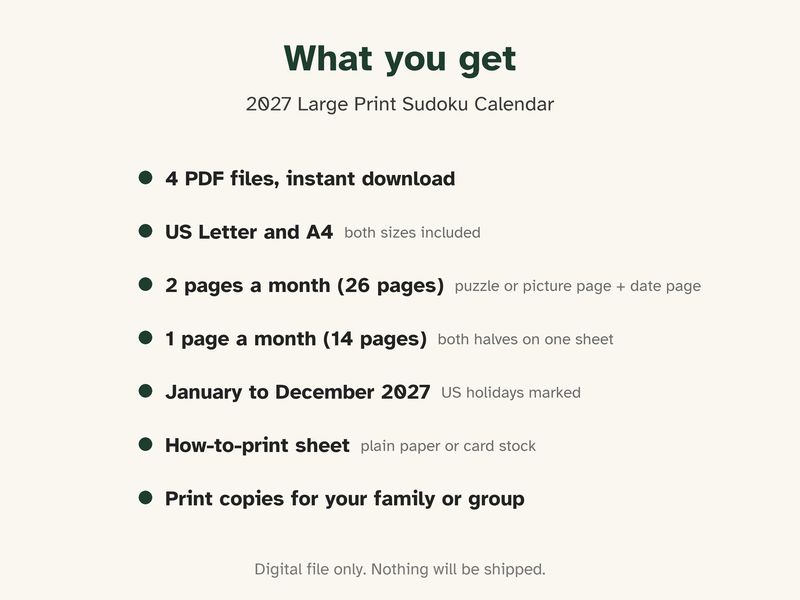 Printable 2027 Calendar, Large Print, with an Easy Sudoku Every Month: What you get