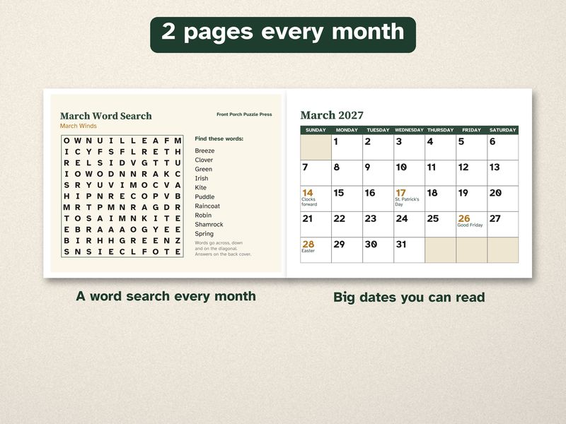 Printable 2027 Calendar, Large Print, with a Word Search Every Month: Month
