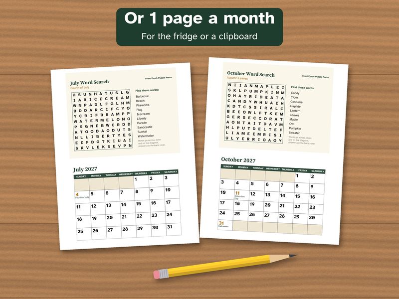Printable 2027 Calendar, Large Print, with a Word Search Every Month: One page