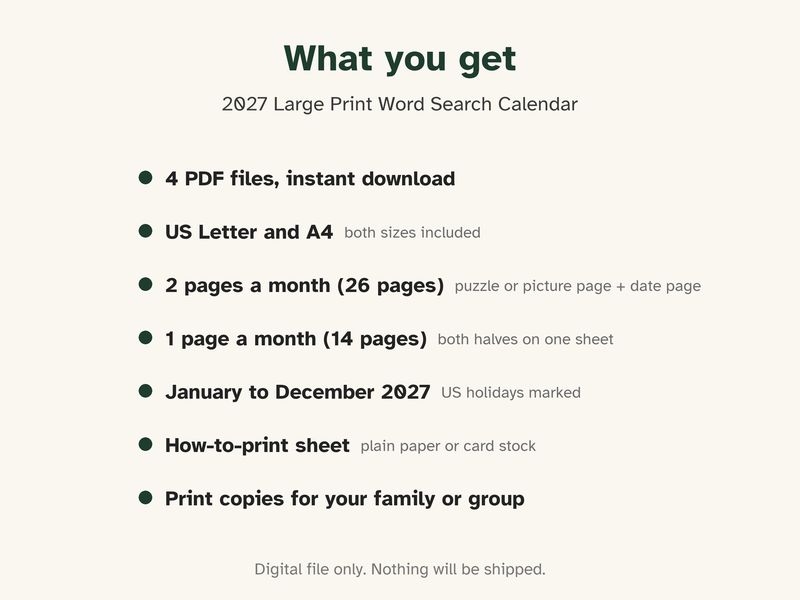 Printable 2027 Calendar, Large Print, with a Word Search Every Month: What you get