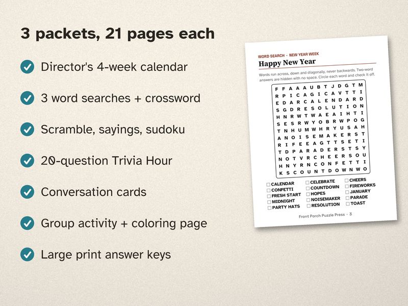 Winter Activities for Seniors Bundle: January, February and March Large Print Activity Packets: Inside