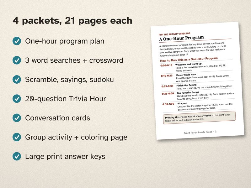 Year-Round Activity Packets for Seniors Bundle: 1950s, Music, Gardening and Patriotic (Large Print): Inside