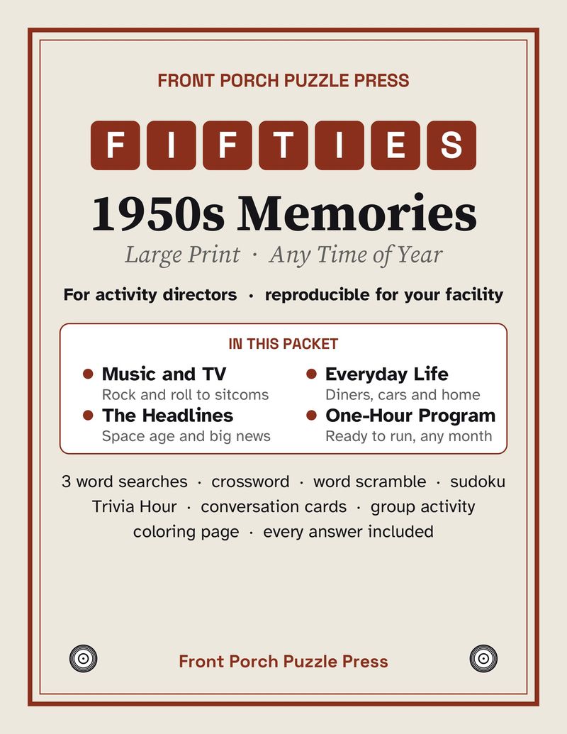 1950s Memories Activity Packet for Seniors: Large Print Printable for Assisted Living and Memory Care