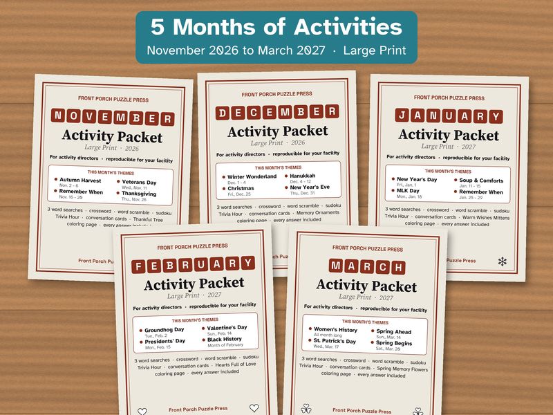 Monthly Activity Packets for Seniors: 5-Month Large Print Bundle, November to March