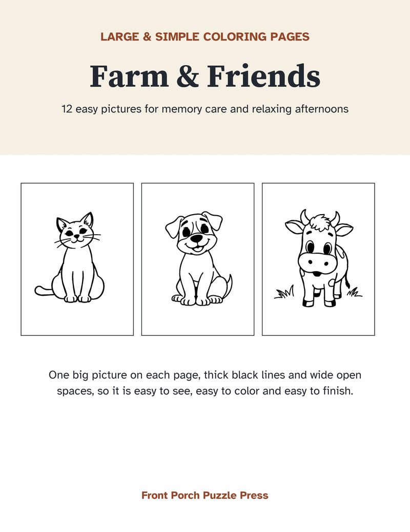 Animal Coloring Pages for Seniors: Farm & Friends Memory Care Printable
