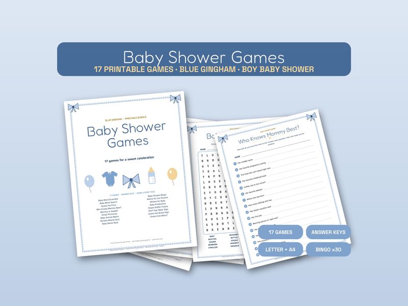 Baby Shower Games Bundle, Blue Gingham: 17 Printable Games