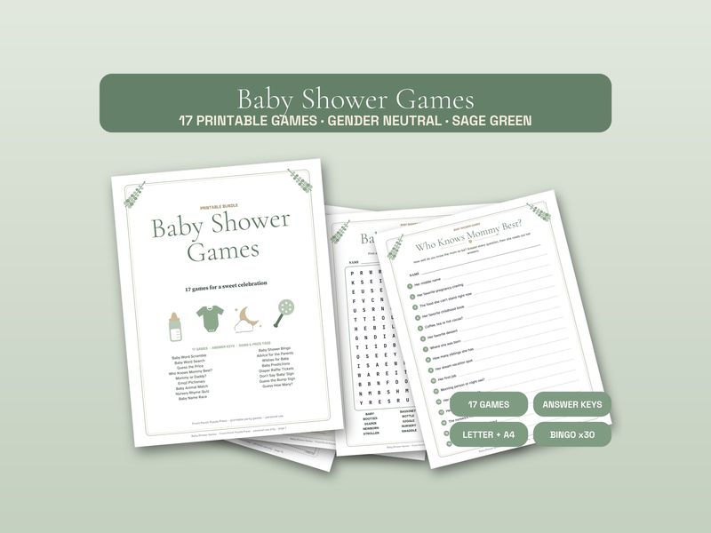 Baby Shower Games Bundle, Sage Green: 17 Printable Games