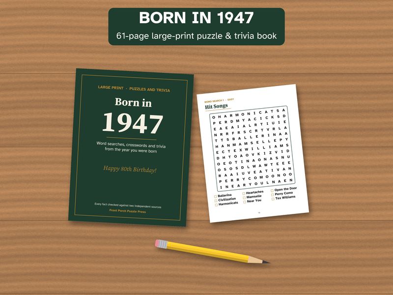 Born in 1947 Puzzle Book: 80th Birthday Gift, Large Print Trivia
