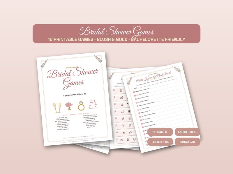 Bridal Shower Games Bundle: 16 Printable Party Activities
