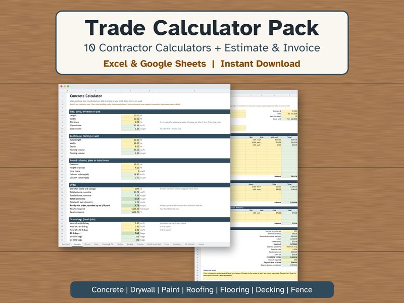 Contractor Calculator Pack: Construction Estimate & Invoice Spreadsheet for Excel
