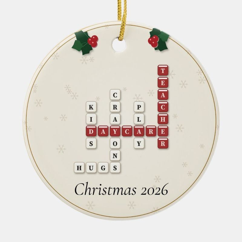 Daycare Teacher Crossword Ornament, Personalized with the Year or a Name