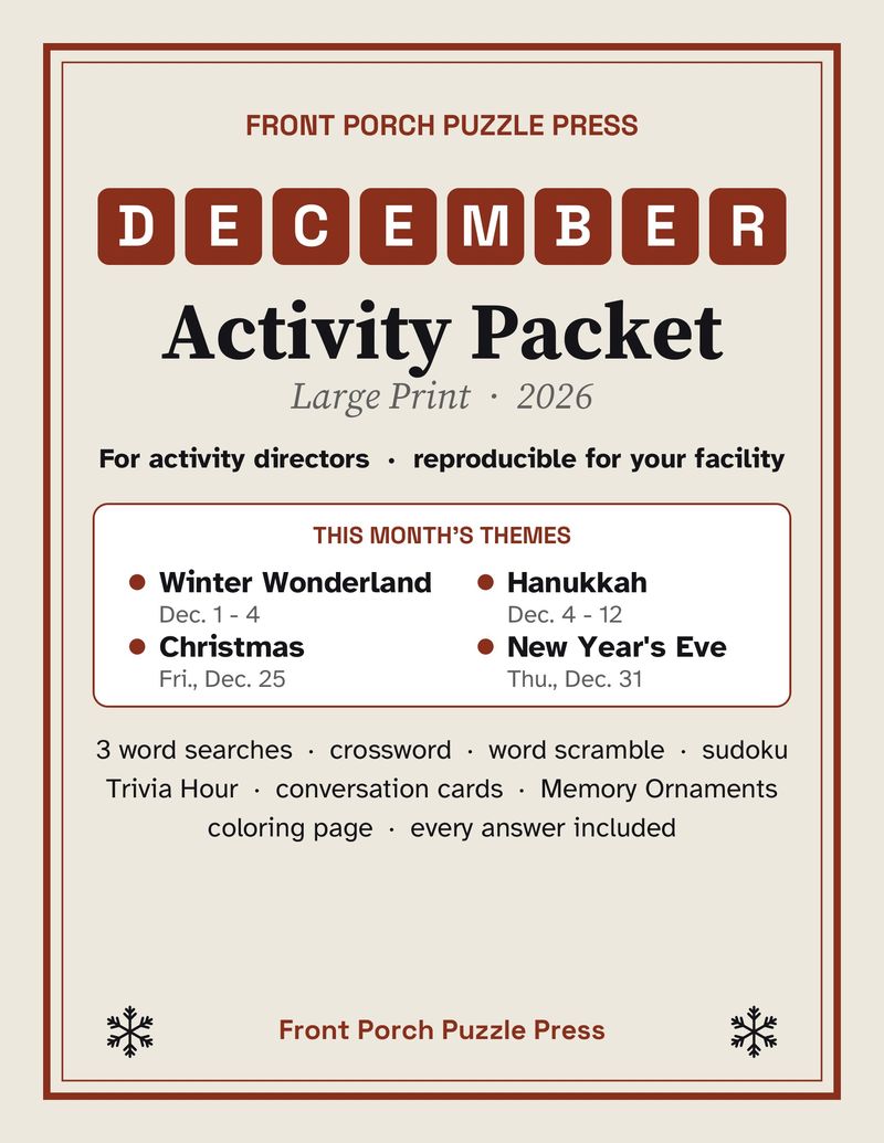 December Activities for Seniors: December 2026 Large Print Activity Packet (Printable)