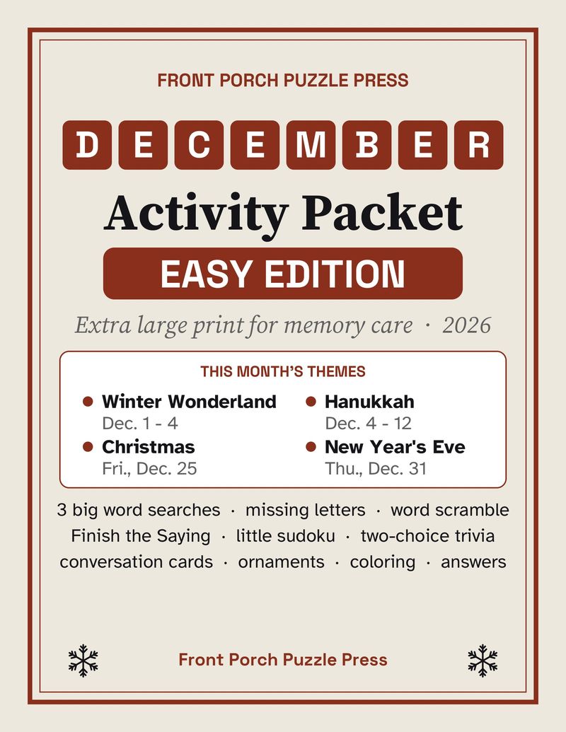 Easy December Activities for Memory Care: Extra Large Print Dementia Activity Packet