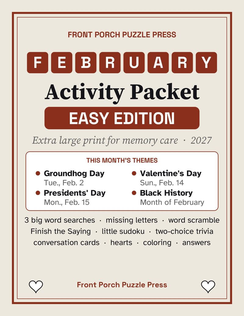 Easy February Activities for Memory Care: Extra Large Print Dementia Activity Packet