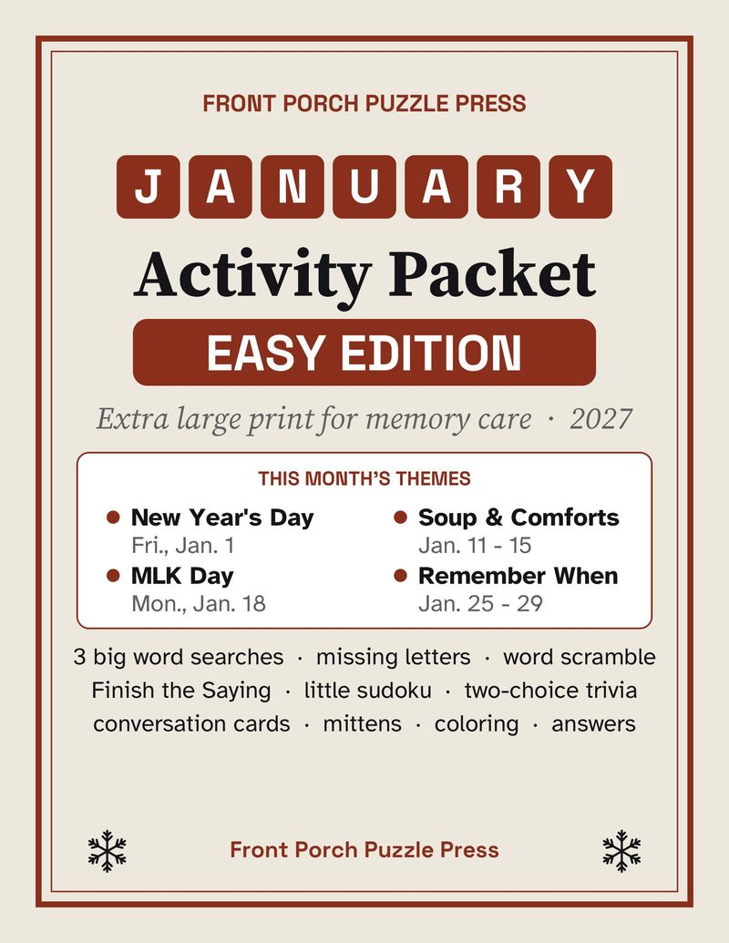 Easy January Activities for Memory Care: Extra Large Print Dementia Activity Packet