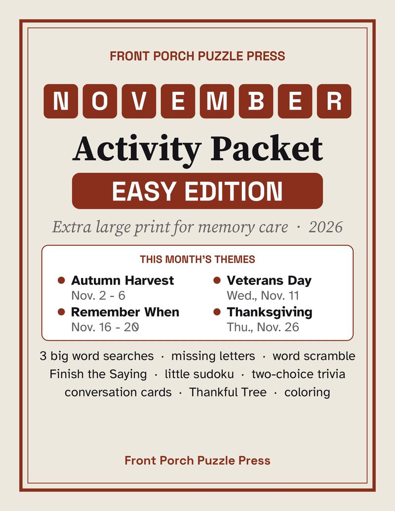 Easy November Activities for Memory Care: Extra Large Print Dementia Activity Packet