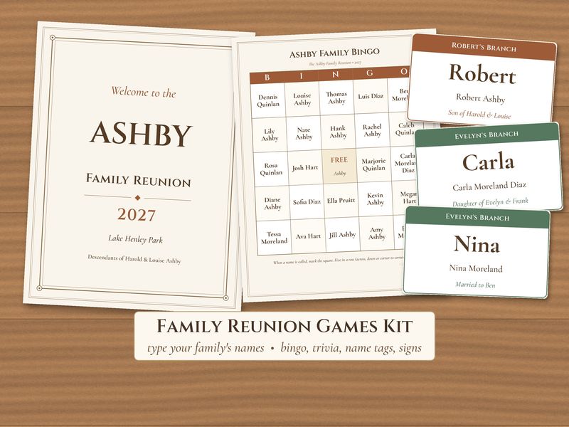 Family Reunion Games Kit: Editable Name Bingo, Trivia, Name Tags and Signs