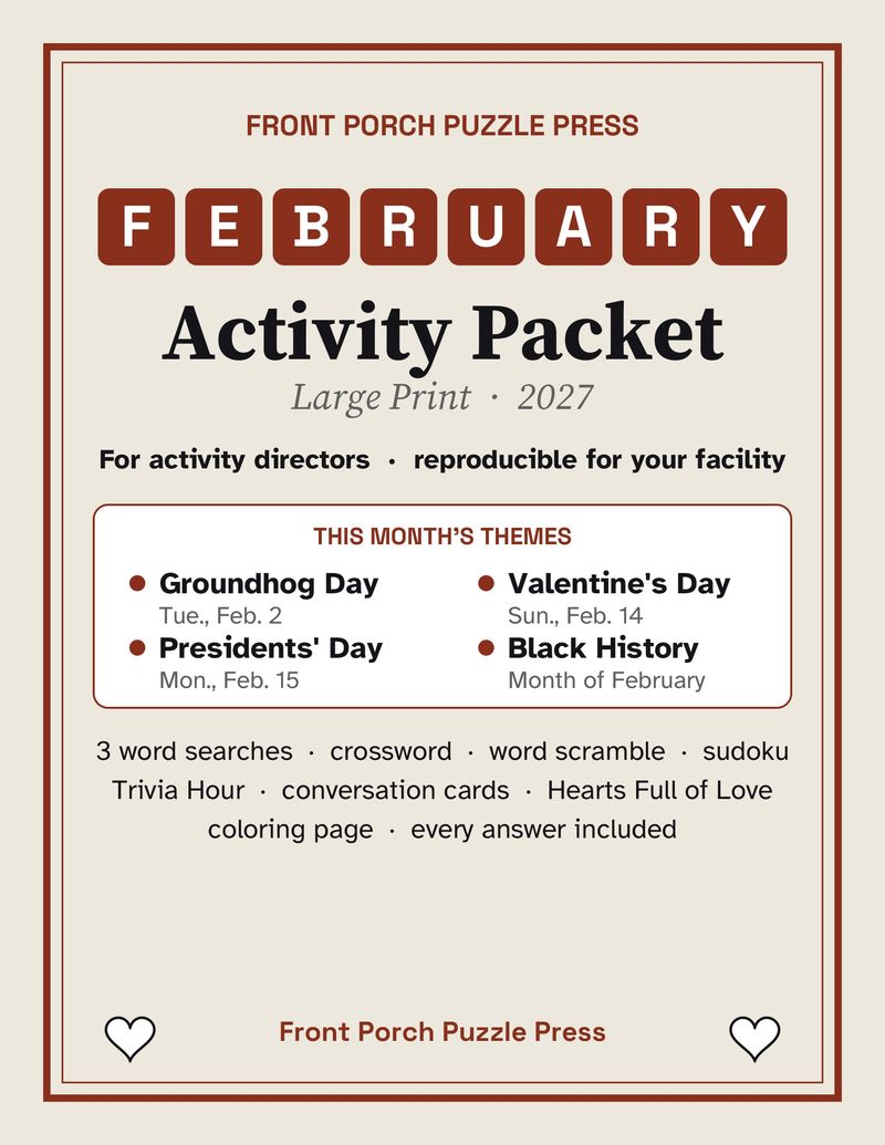 February Activities for Seniors: February 2027 Large Print Activity Packet (Printable)