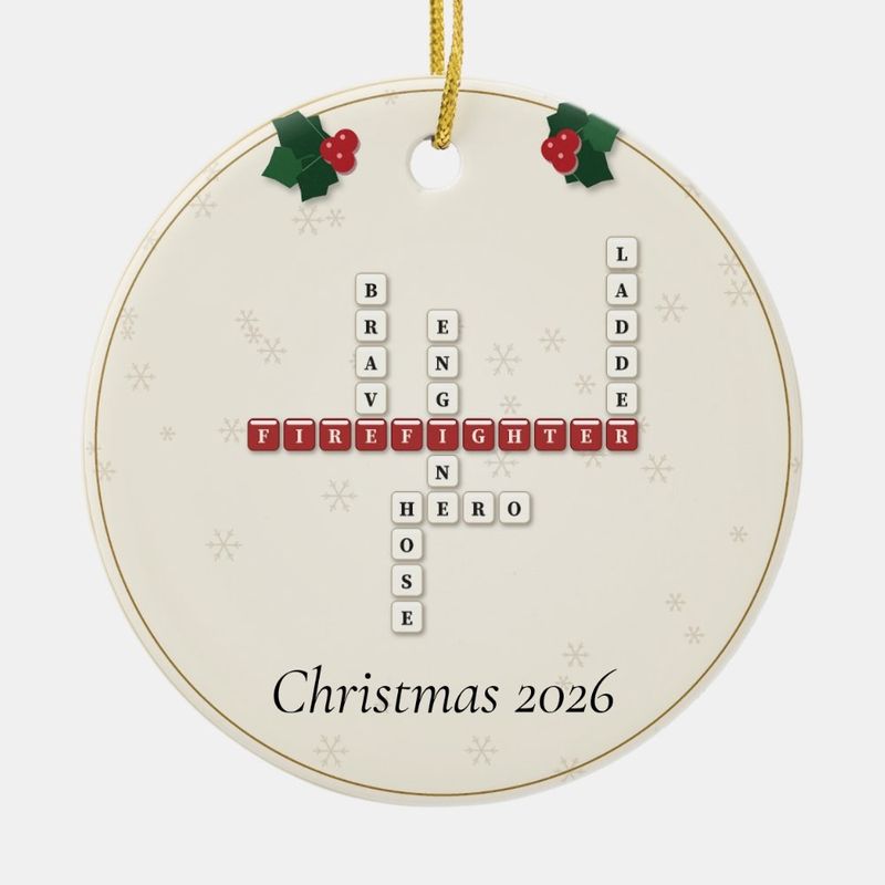 Firefighter Crossword Ornament, Personalized with the Year or a Name