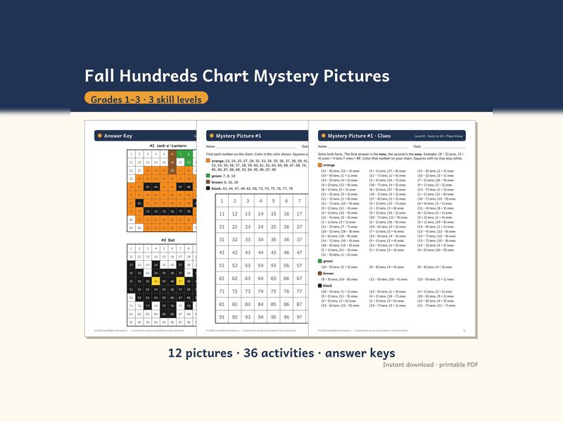Halloween Hundreds Chart Mystery Pictures, Grades 1-3