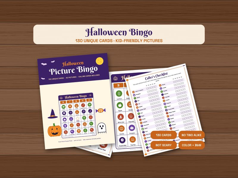 Halloween Picture Bingo: 130 Unique Printable Cards for Kids