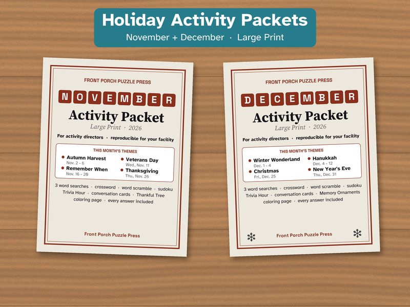 Holiday Activities for Seniors Bundle: November and December Large Print Activity Packets