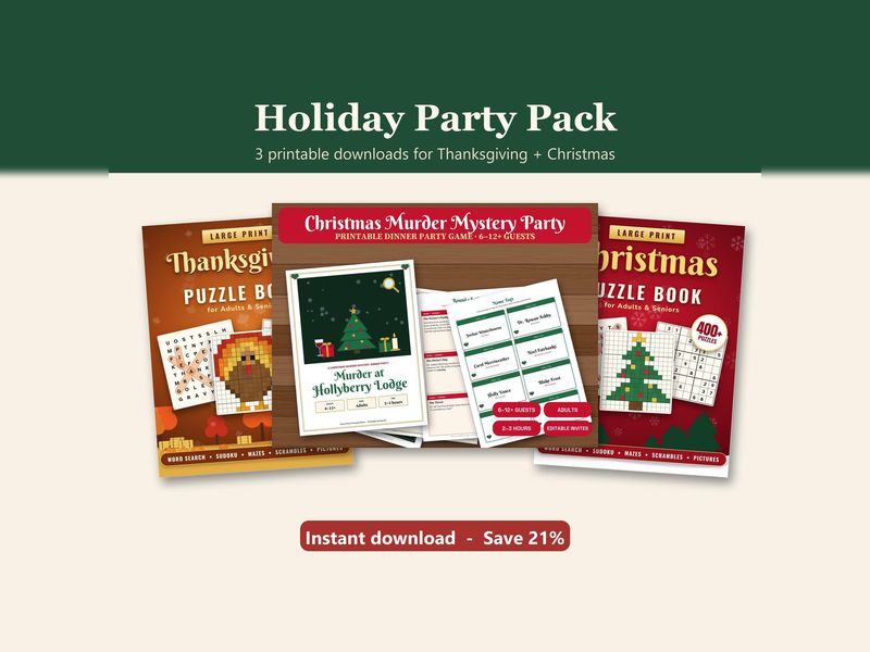 Holiday Party Pack: Christmas Murder Mystery + 2 Large-Print Puzzle Books