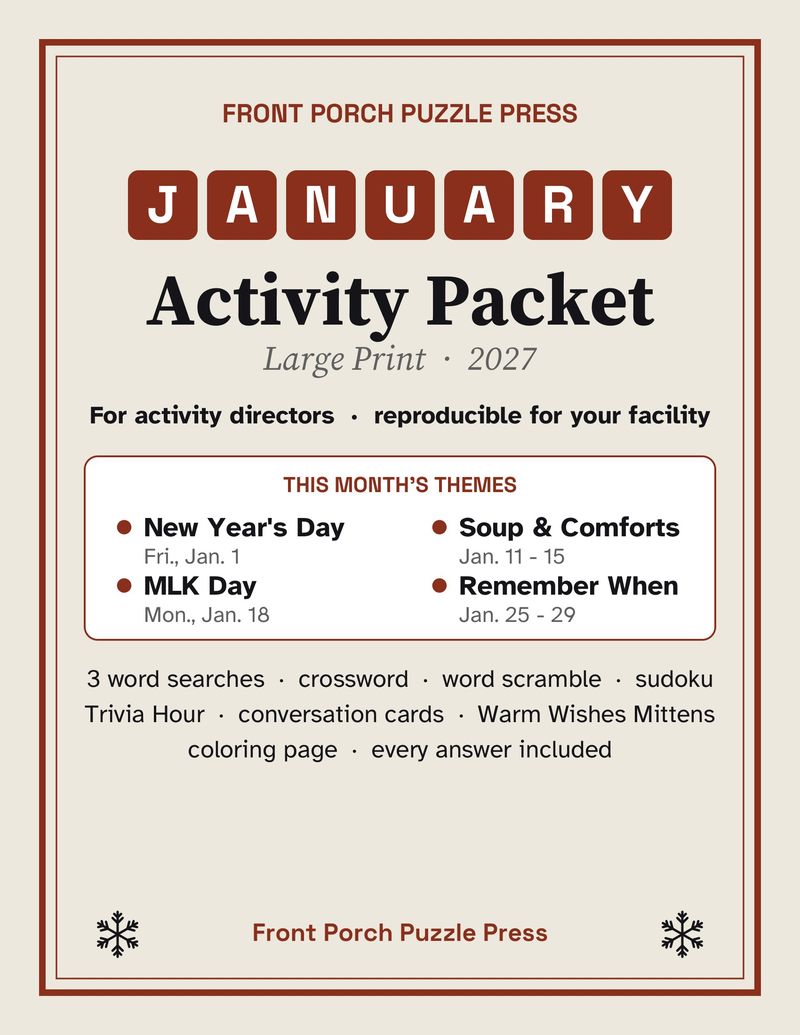 January Activities for Seniors: January 2027 Large Print Activity Packet (Printable)