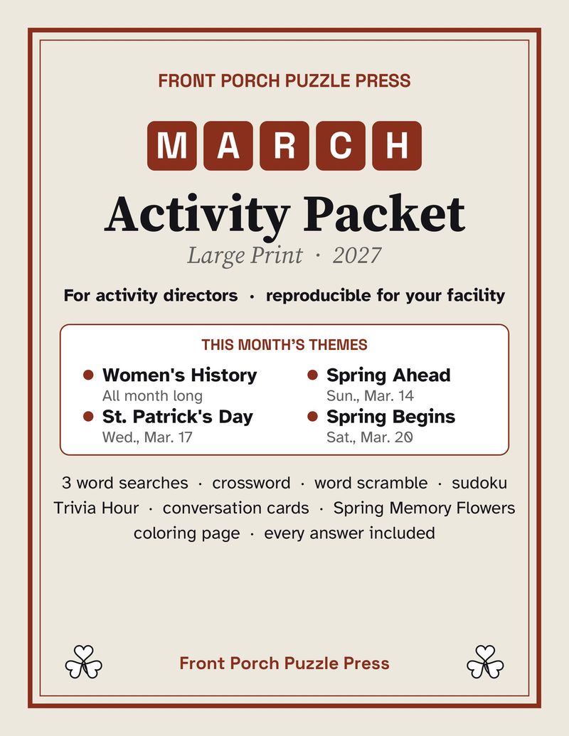 March Activities for Seniors: March 2027 Large Print Activity Packet (Printable)