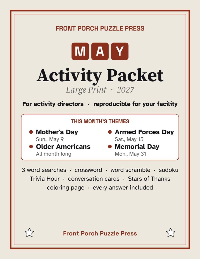 May Activities for Seniors: May 2027 Large Print Activity Packet (Printable)
