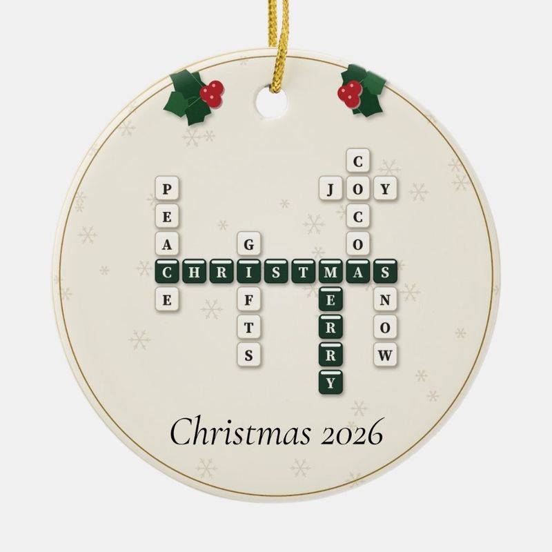 Merry Christmas Crossword Ornament, Personalized with the Year or a Name