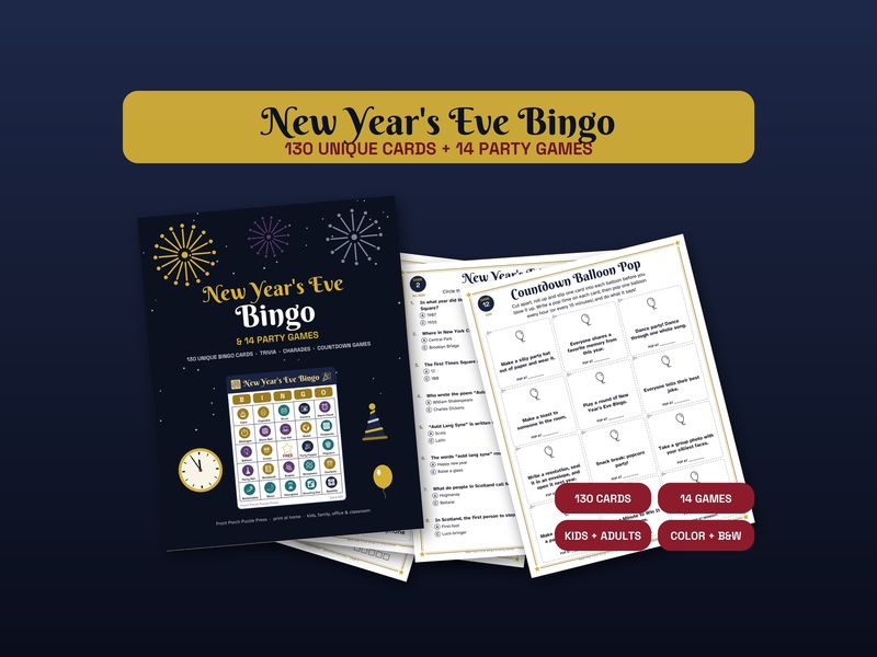 New Year's Eve Bingo & Party Games: 130 Unique Printable Cards + 14 Games