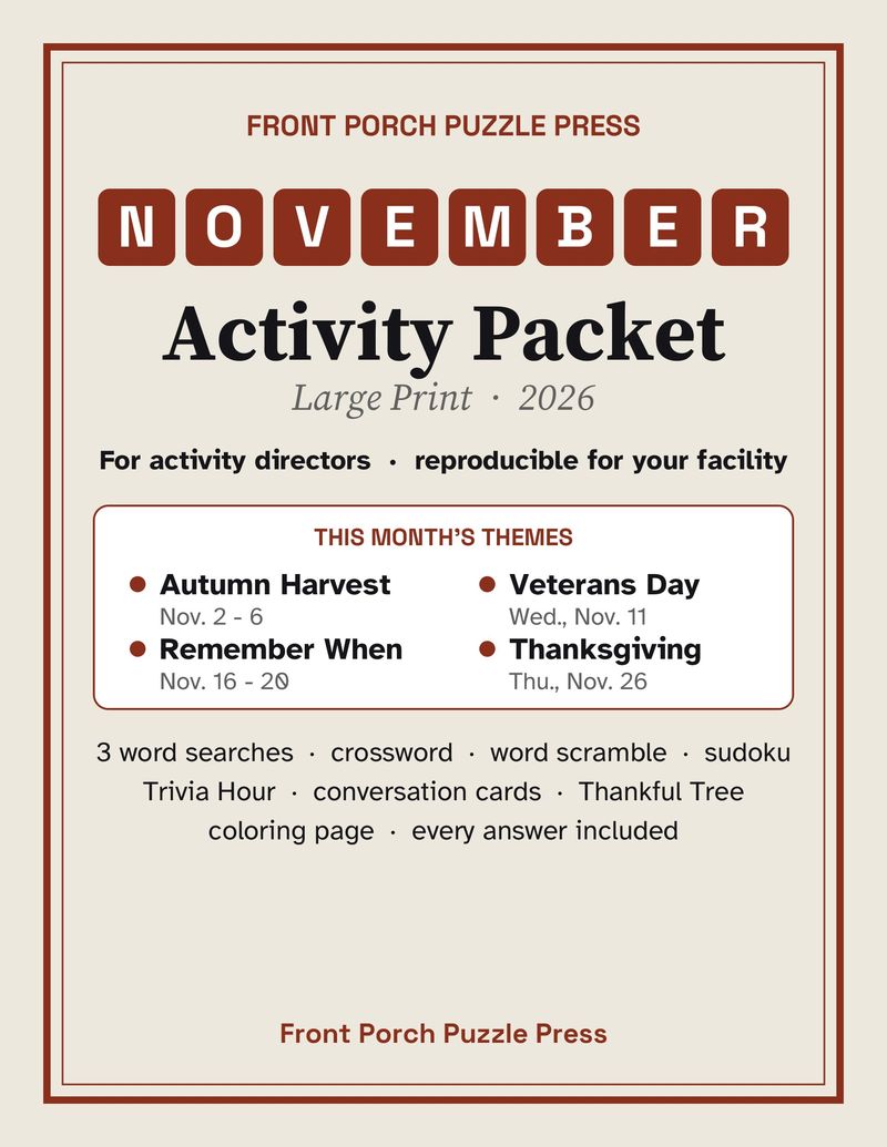 November Activities for Seniors: November 2026 Large Print Activity Packet (Printable)