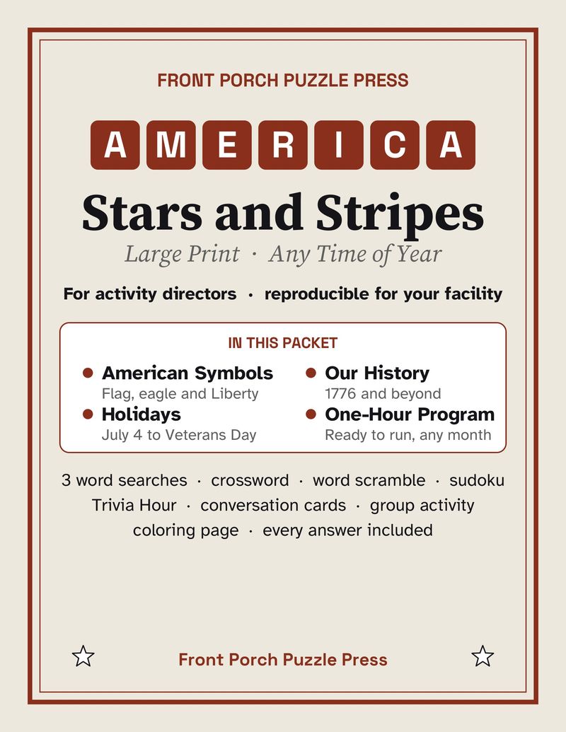 Patriotic Activity Packet for Seniors: Large Print Printable for Assisted Living and Memory Care
